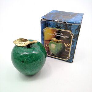Vintage Green Marble Apple Paperweight Brass Leaf Desk Decor Taiwan